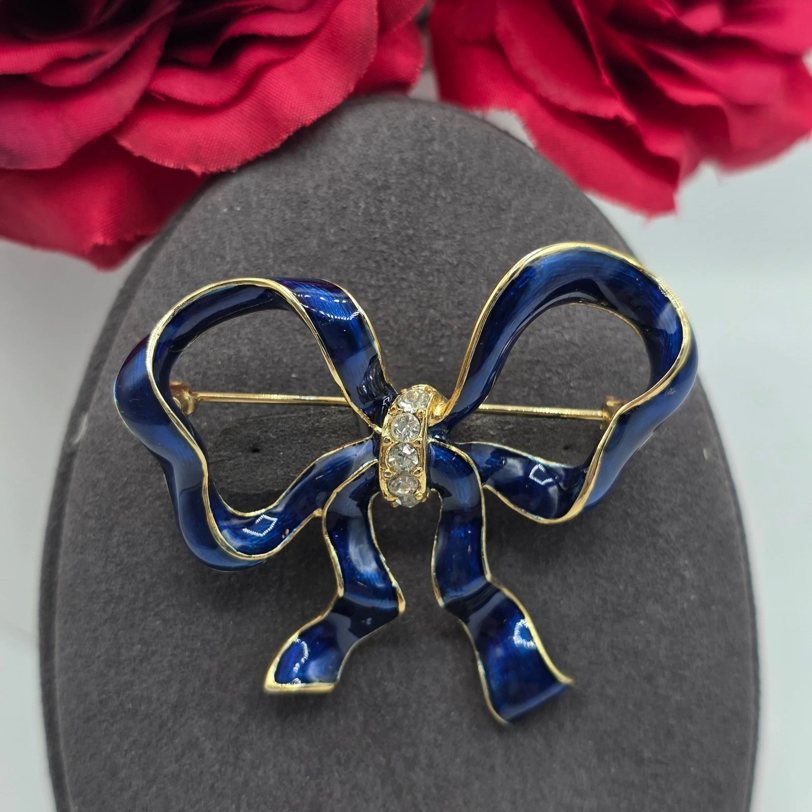 Vintage Blue Enamel Bow Brooch Gold Tone Rhinestone Ribbon Pin Retro Glam Sweet