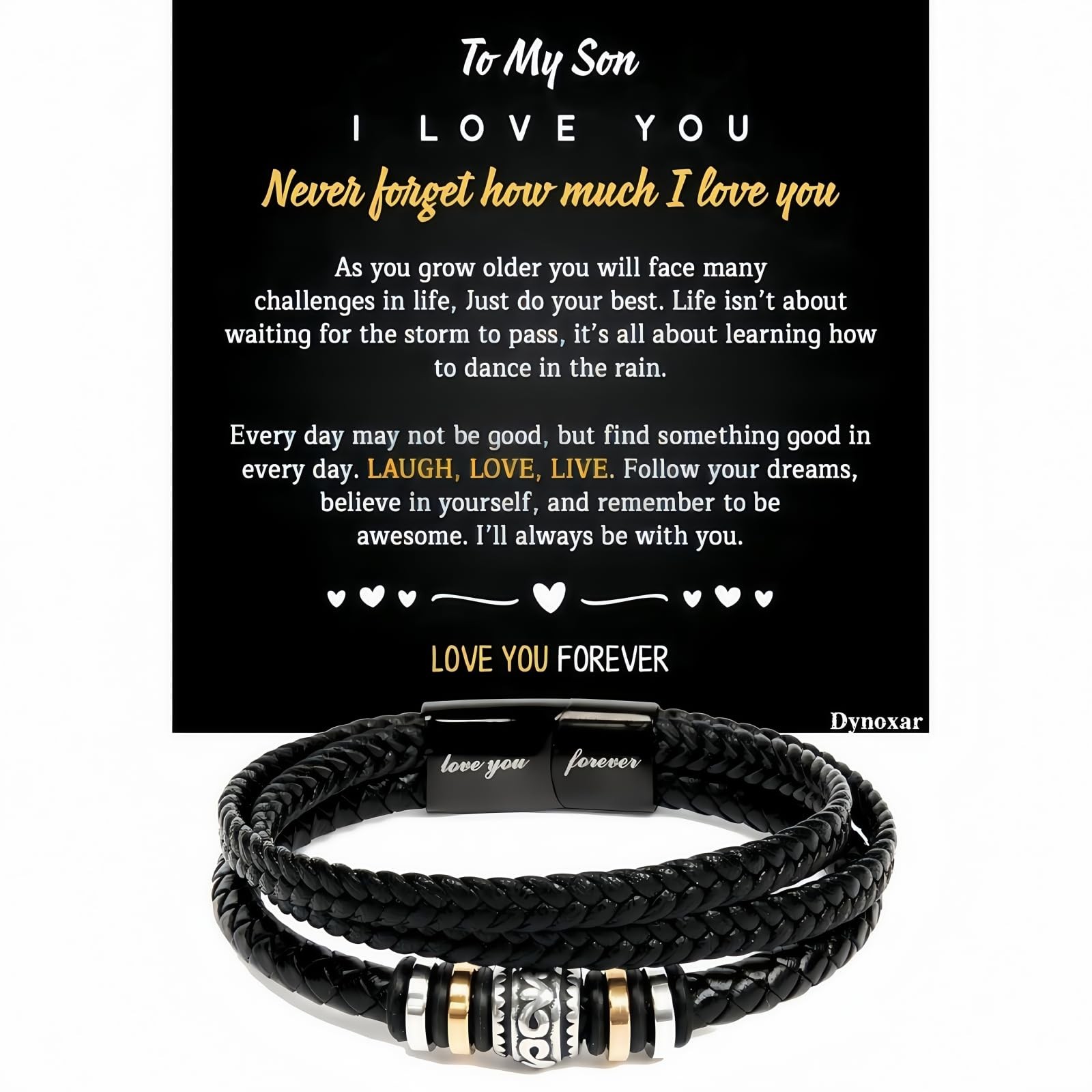 Men's Black Leather Bracelet, Stainless Steel Engraved Jewelry, Gift for Dad ...-image
