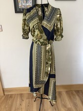 AX Paris Women's Khaki Scarf Print Wrap Midi Dress In Size 10, Length 48”