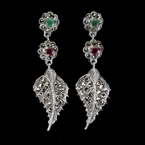Verano 925 Pendientes Plata Redondo Esmeralda Rubí Marcasita Gema Joyería - Imagen 1 de 14