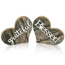 Jetec 2 Pieces Grateful Blessed Sign, Heart-Shaped Wooden Decoration, Rustic