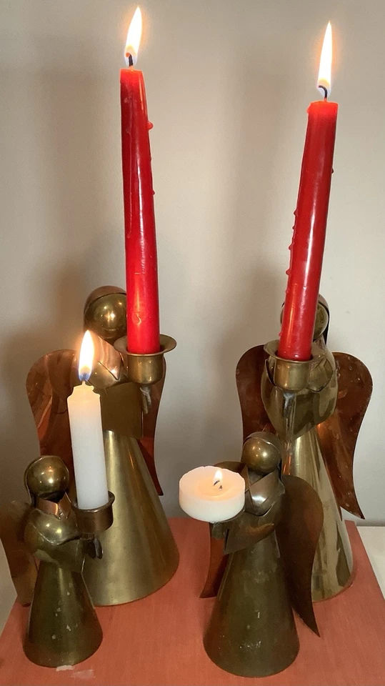 Juego de 4 candelabros de Navidad vintage de latón y cobre para ángeles Foto 3 de 4