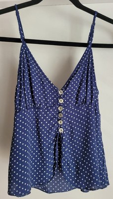 Blue Life V-Neck Spaghetti Strap Button-Up Peplum Blouse Blue Polka Dot Size S