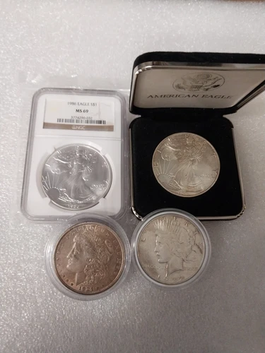 Silver Eagle 1986 NGC MS 69, 1921 Morgan,1922 Peace,1995 Eagle