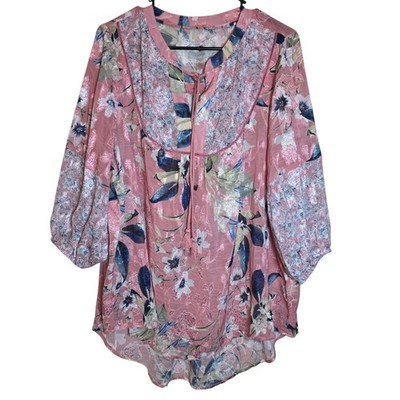  Cupio Tunic Top Womens 1X Pink Floral Keyhole Neck 3/4 Sleeve Boho Blouse
