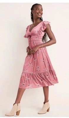 Francesca's Jessie Flutter Sleeve Floral Midi Dress Small Rose Pink Boho Wedding