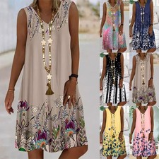 UK Women Beach Summer V Neck Printed Dress Holiday Sleeveless Loose Dresses 6-20