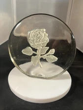 Viking Glass Etched Intaglio Rose Round Paperweight Art Glass Figurine