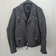 Rare All Saints Black and White Wool Tweed Herringbone Jacket XL Biker