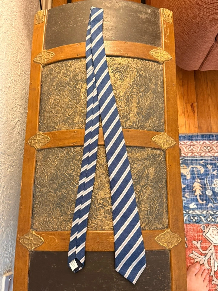 Banana Republic Wool Tie, 59” Blue, Silver & Gold Striped. - Image 3 of 4