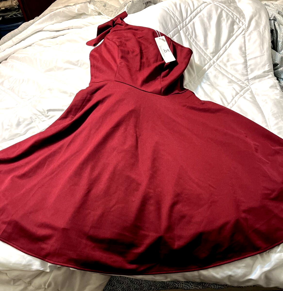 jasambac cocktail dress Jasambac Pink L Cocktail Party Dress Stretchy One Shoulder Long Sleeve Midi