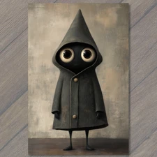 Art Print Dark Hooded Creature Large Eyes Vintage Coat Mysterious Character