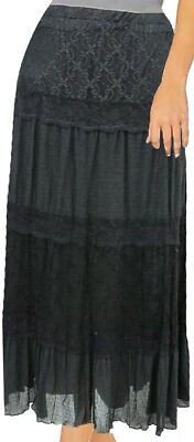 Damen eleganter schwarzer Spitzen-Panel-Tier lang gefütterter Rock Freizeit Party Damen Plus