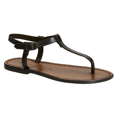 Hecho A Mano De Mujer Correa T Tanga Sandalias Zapatos Planos Cuero Marrón  Oscuro Made in Italy | eBay
