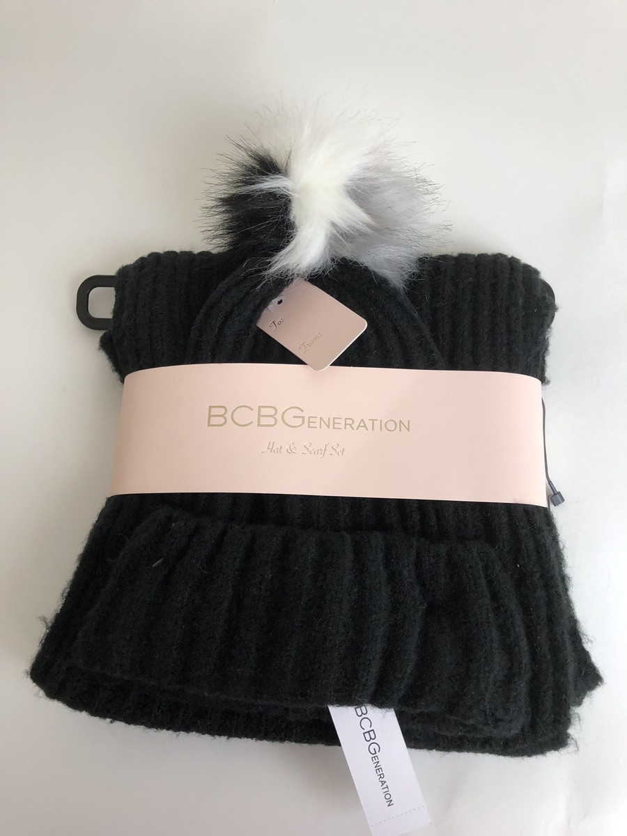 BCBGeneration Women's Three-Tone PomPom Knit Beanie Hat and scarf 