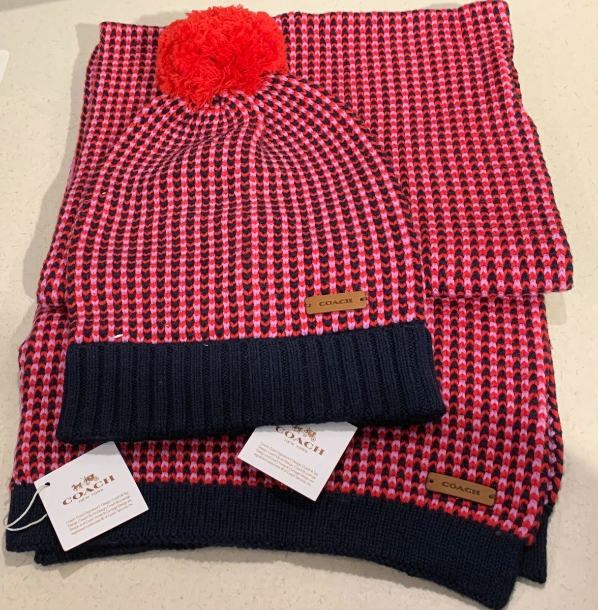 NWT COACH Tricolor Tuck Stitch Set 85213 Hat 85218 Scarf Red 