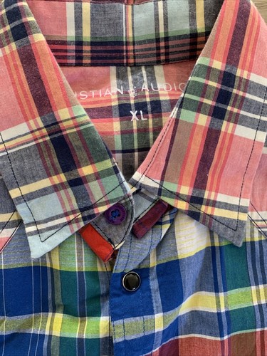 Christian Audigier Men Size XL VIF Speed Shop Multicolor Plaid Pearl Snap Shirt - Picture 8 of 21