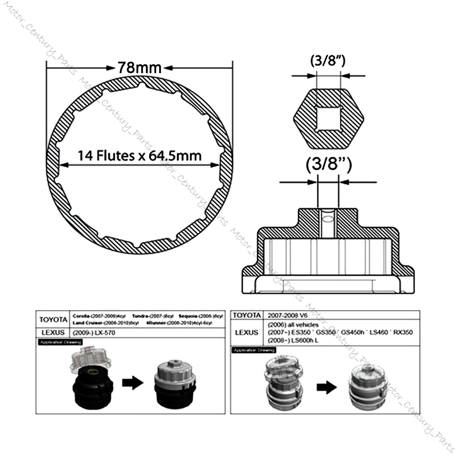 64mm 14 Flutes Oil Filter Cap Wrench Cup Socket Remover Tool For Toyota Corolla