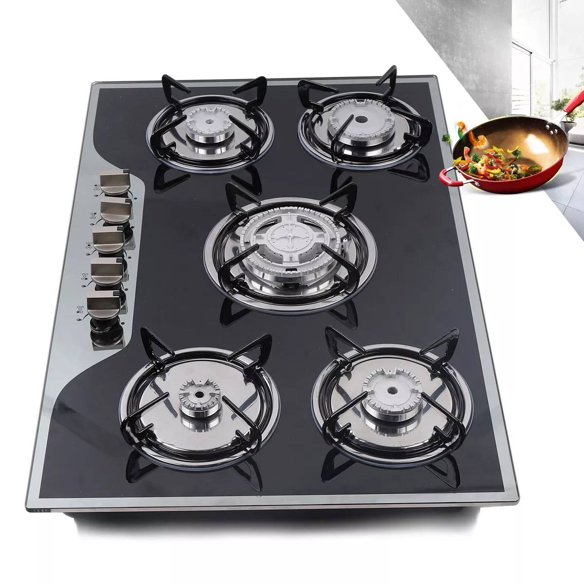 5 Burner Black Glass Top Built In Hobs Gas Burner Ranges Enamel