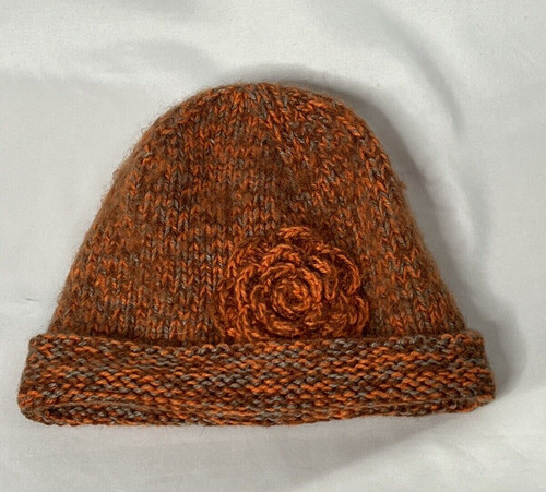Andes Gifts Orange Knit Hat Flower Alpaca