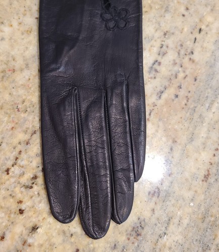 New? Vintage Size M Black Kid Leather Formal 15.5" Long Gloves Peekaboo Flower - Picture 3 of 14