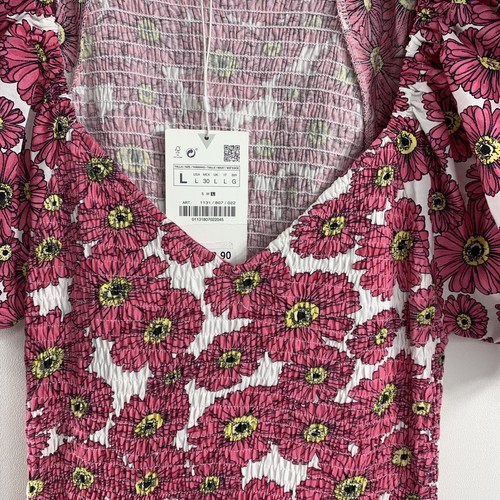 NEW ZARA PRINTED BALLOON SLEEVE DRESS MINI WOMENS SIZE L V NECK FLORAL SMOCKED - Picture 2 of 10