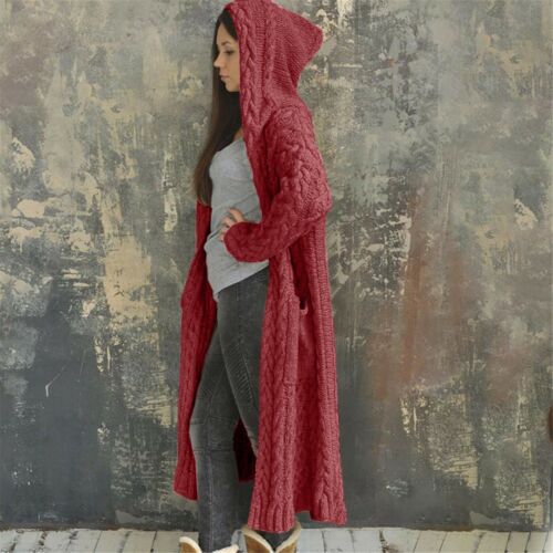 Cárdigan de invierno para mujer con capucha grueso tejido largo abrigo de suéter de gran tamaño para el torso - Imagen 16 de 17