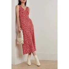 RIXO Sandrine Red Cherry Printed V-Neck Midi Dress Size US 6