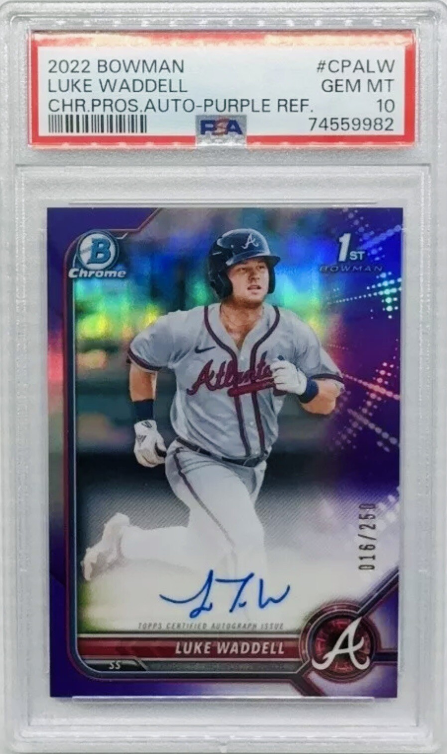 2022 Bowman Chrome Luke Waddell 1st Pros Auto Purple Refractor #016/250 PSA 10
