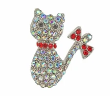 Crystal cat pin brooch with red crystal collar and bow. Cute women's cat pin New