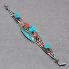 Tibetan Turquoise Red Coral Handmade Bohemian Jewelry Nepali Bracelet 7" SR 3292