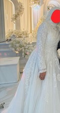 Modest Ball Gown Wedding Dress Long Sleeve Lace Beading Train High Neck Tulle
