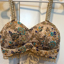 Handmade Women  s Beige Embroidered Sequin Choli Blouse Chain Straps, Custom