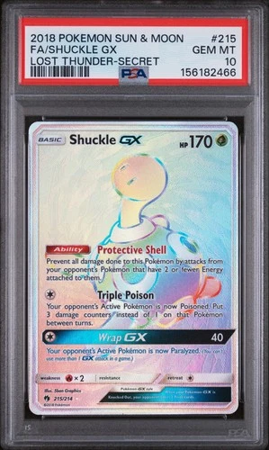 2018 POKEMON SUN & MOON LOST THUNDER SECRET #215 FULL ART/SHUCKLE GX PSA 10