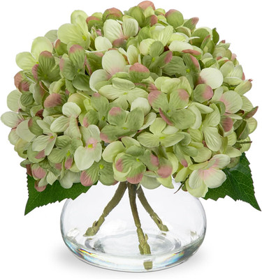 Hydrangea Artificial Flowers with Glass Vase Dark Green Silk Faux Flowers Arrang