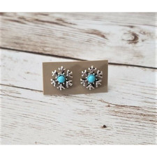 Silver Tone Snowflake with Blue Center Stud Earrings - New