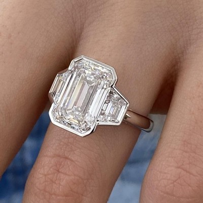 Three Stone Engagement Ring Emerald Labcreated Diamond 14K White Gold E/VVS2 6Ct