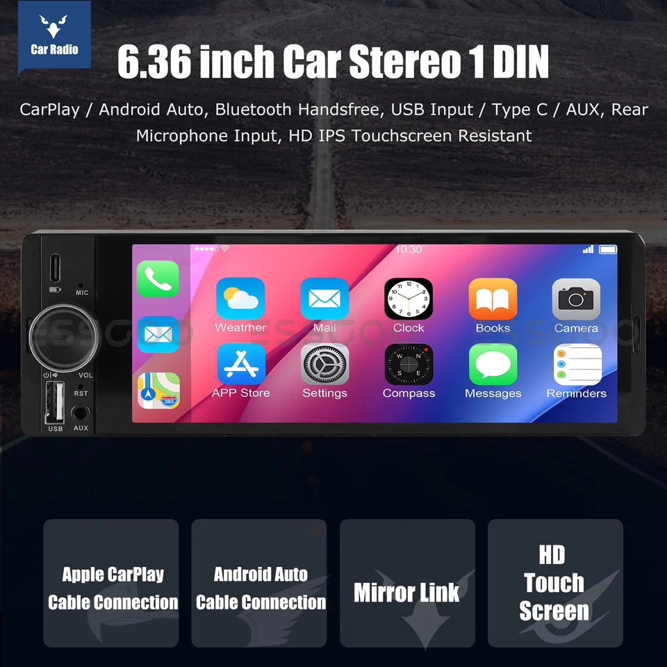 ESSGOO 6.36" Single Din Car Stereo Wireless CarPlay Android Auto Radio Bluetooth - Image 2 of 4