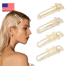 Rhinestone Pearl Bow Hair Clips for Women Girls 4PCS Metal Elegant Duckbill Hair