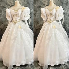 Organza Victorian Wedding Dress Puff Sleeve Floral Applique Vintage Bridal Gown