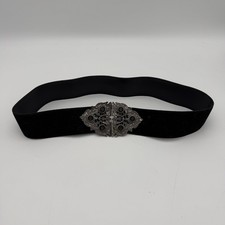 Vintage 90s Black Velvet Ornate Silver Filigree Buckle Waist Belt Black Stones