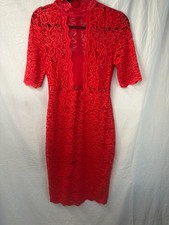 Vibrant Red Express Mock Neck Sheath Dres  Lace Floral Size 8