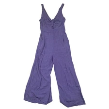 ANRABESS Blue Linen Blend Keyhole Wide Leg Jumpsuit Women's Medium Autumn Casual