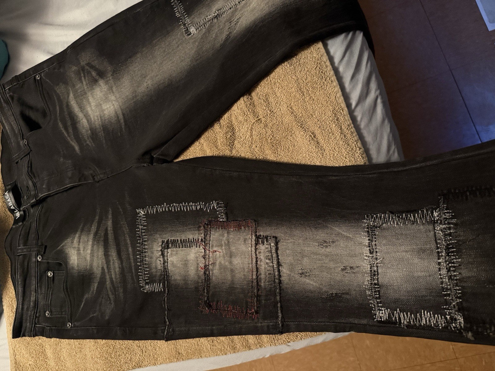 VALABASAS Patchwork Distressed Stretch Black Deni… - image 3