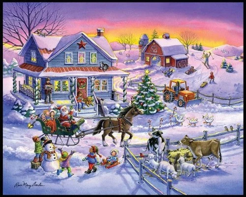 Country Christmas Santa Village Scene Rose Mary Berlin 36x44 Cotton Fabric Panel