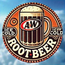 2D FlatVintage Root Beer Metal Sign 8Inch Round, Foam Covered Cup Design, Suitab