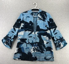 Ming Wang M Blue Black Abstract Knit Jacket Long Sleeve Open Front Cardigan