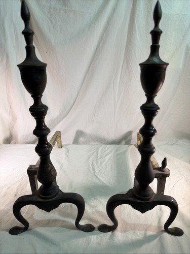 Andirons Kamin Vintage Messing & Gusseisen Mid Century Patina 19" hoch - Bild 1 von 6