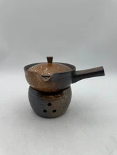 Rustic Japanese Tea Warmer Set Kyusu Teapot & Stand Wabi-Sabi Ceramic