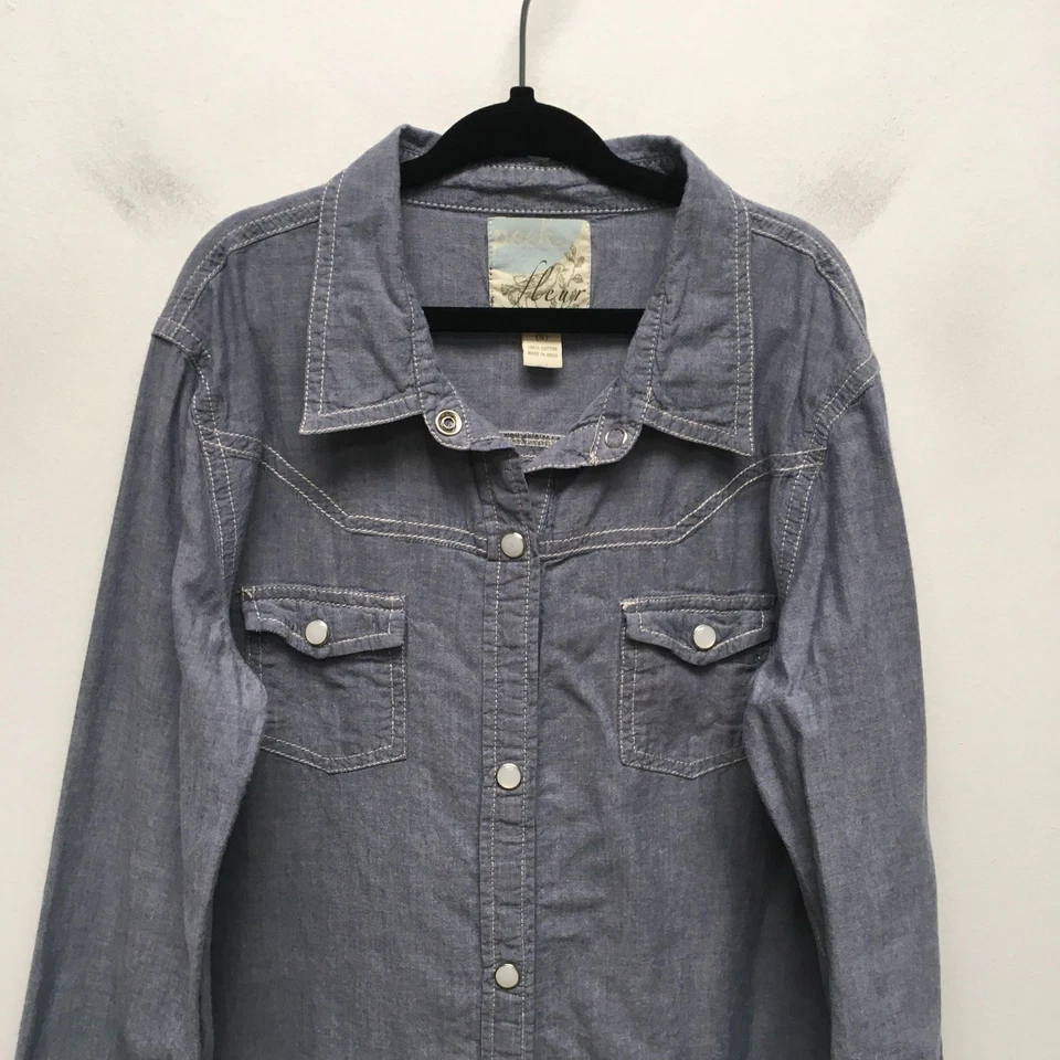 Camisa Peek Fleur Niñas Azul Cambray Algodón Manga Larga Bolsillos Perla a Presión 8 Foto 2 de 4